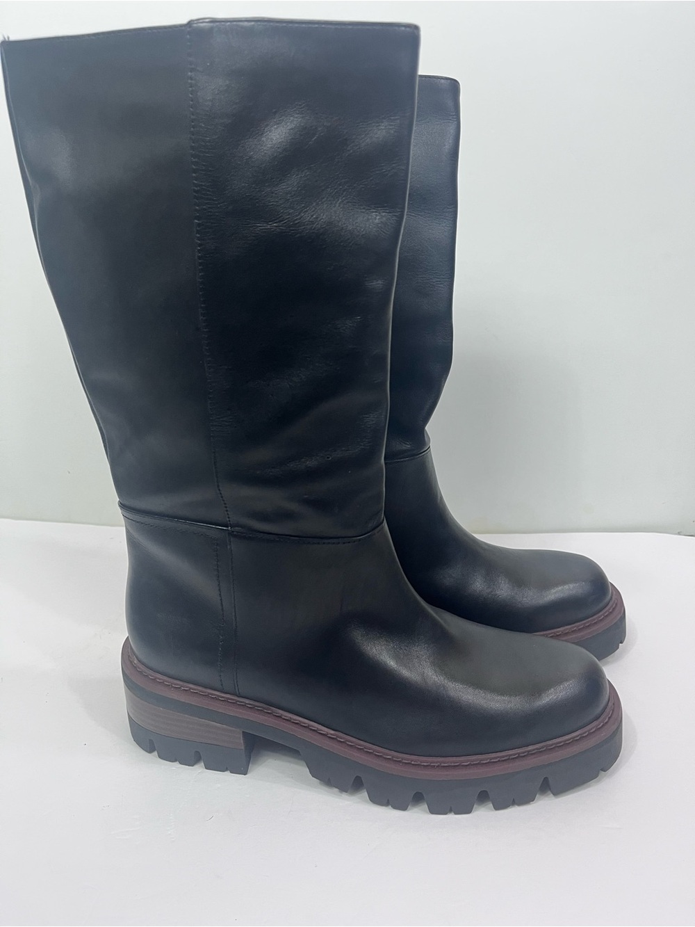 Arezzo Bailey Mid Black Leather Tractor Boots - Picture 4 of 9